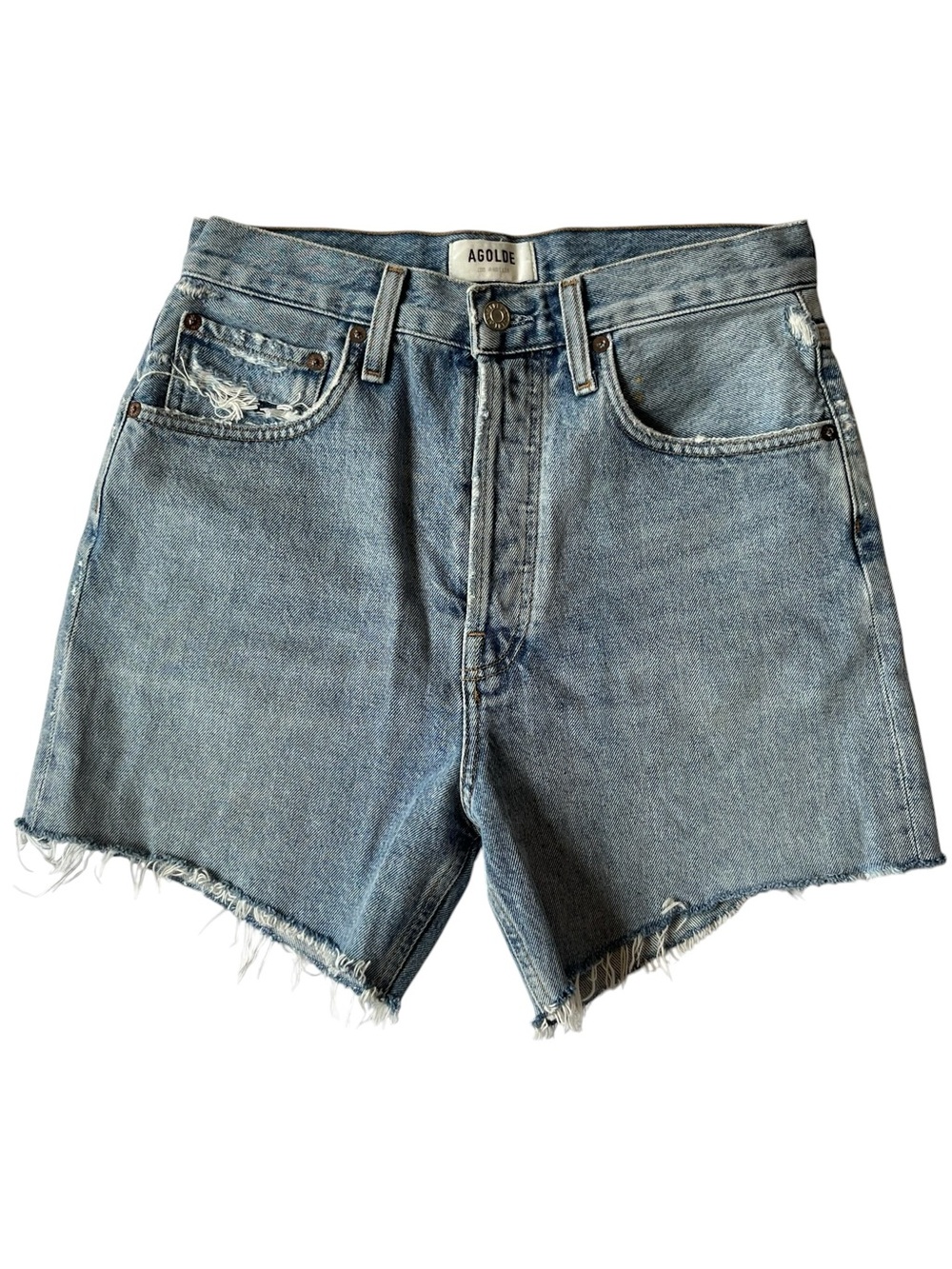 AGOLDE Riley cut off denim shorts 26 High rise Button fly Light wash Distressed